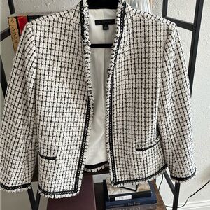 Ann Taylor Black and White Tweed Fringe Open-Front Jacket